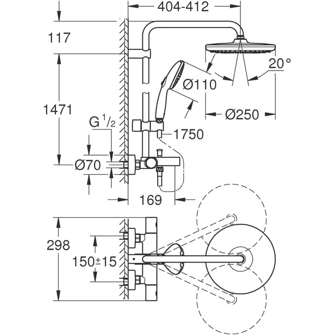 Душевая система с термостатом Grohe Tempesta 250 26672001 (с изливом), фото 6