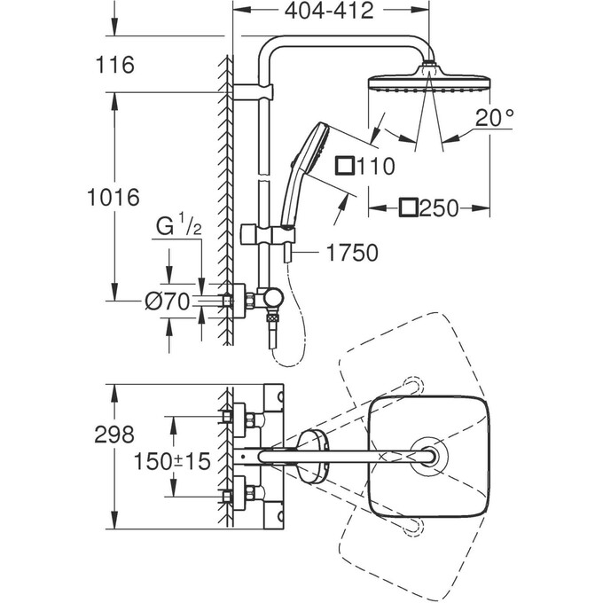 Душова система з термостатом Grohe Tempesta Cube 250 266892431 (чорна матова), фото , изображение 10