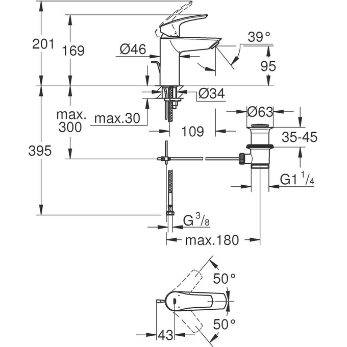 Змішувач для умивальника Grohe Eurosmart S-Size 332652433 (чорний матовий, з донним клапаном), фото , изображение 7