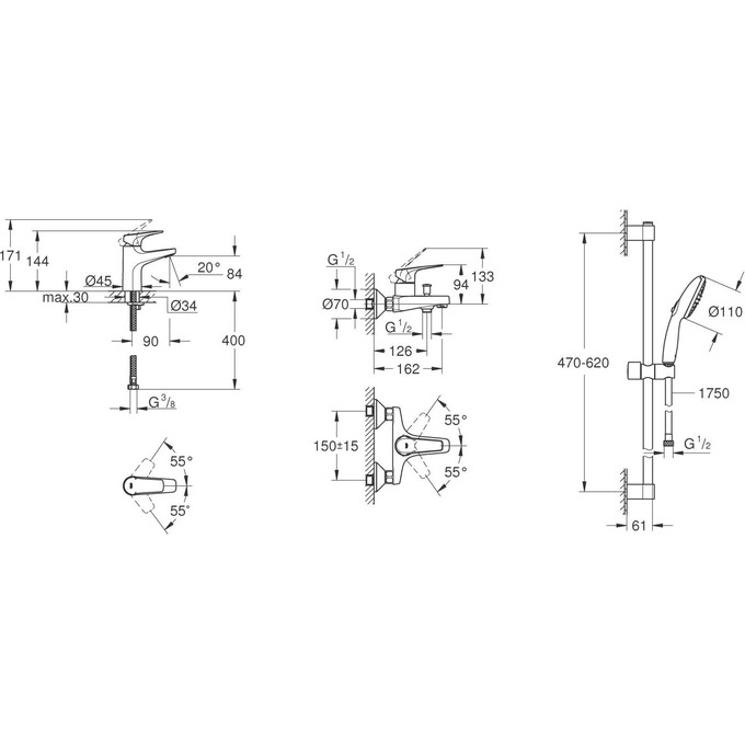 Комплект змішувачів 3 в 1 для ванної кімнати Grohe BauFlow S-Size UA121624S1 (23601000+23752000+27598003), фото , изображение 10