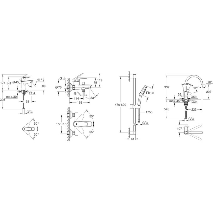 Комплект змішувачів 4 в 1 для ванної кімнати та кухні Grohe BauEdge New S-Size UA123218K1 (23605001+23330001+31233001+26748003), фото , изображение 16