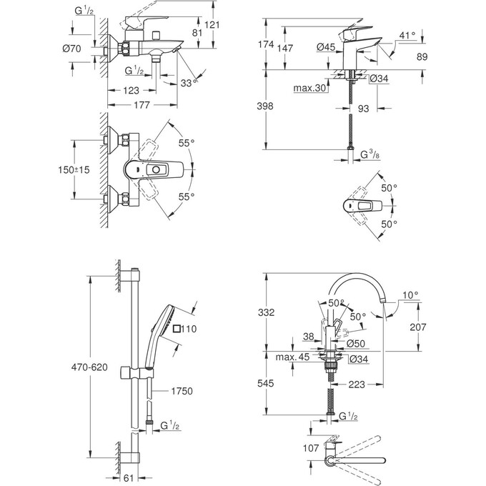 Комплект змішувачів 4 в 1 для ванної кімнати та кухні Grohe BauLoop New S-Size UA123225K3 (23603001+23337001+31232001+26748003), фото , изображение 17