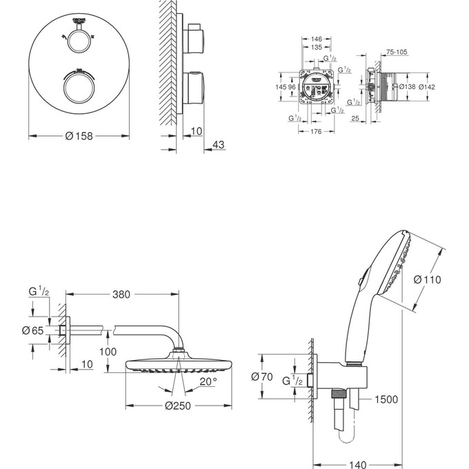 Душевая система с термостатом Grohe Grohtherm & Tempesta 250 UA26415SC9 (1022082430+35604000+264062433+266682430, черная матовая, скрытого монтажа), фото 16