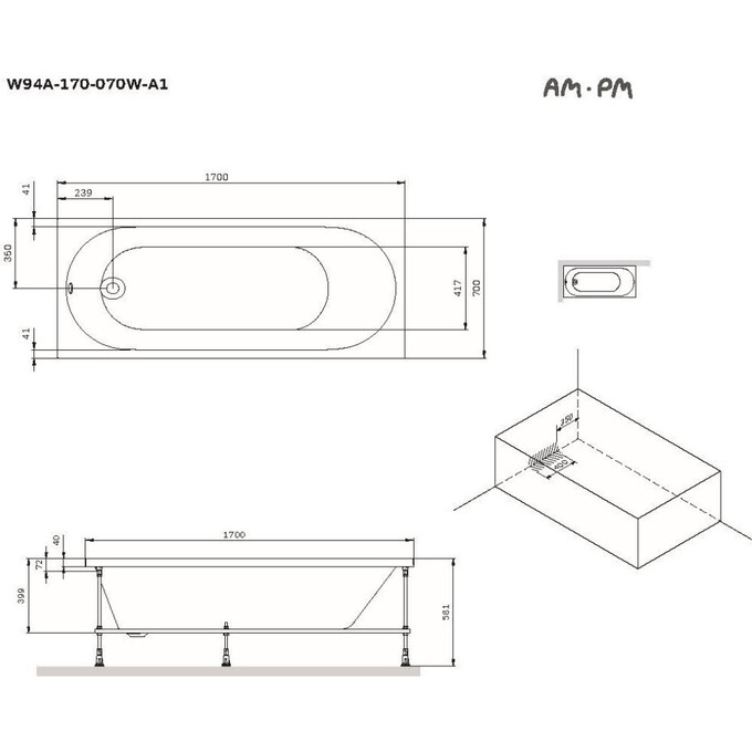 Акриловая ванна Am.Pm X-Joy W94A-170-070W-A1 (170x70 см), Доступные размеры: 170 x 70, фото 13