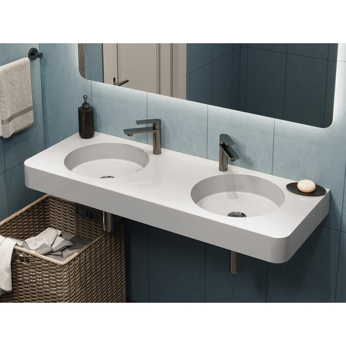 Умивальник Miraggio Loop 1200-2 Miramarble 8814001 (120x45 см, з двома чашами), Доступні розміри: 120 x 45, Технологія виробництва: Miramarble, Колір виробника: білий глянець, фото , изображение 2