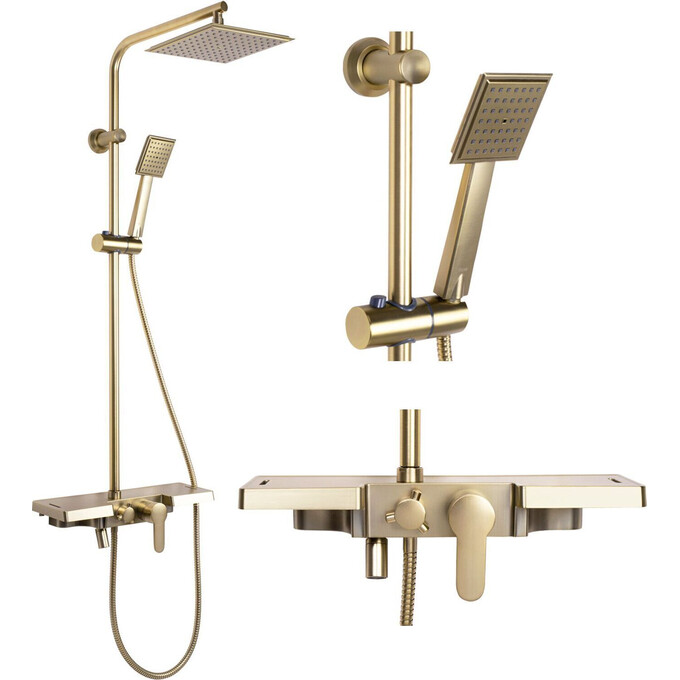 Душевая система Rea Bravo Brushed Gold REA-P4121 (брашированное золотая, с изливом и полкой), Цвет производителя: брашированное золото (матовое), фото 2