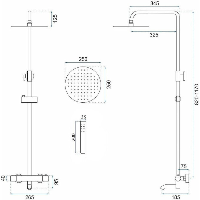 Душова система з термостатом Rea Lungo Black Glossy REA-P8763 (чорна глянсова, з виливом), Колір виробника: чорний глянець, фото , изображение 7