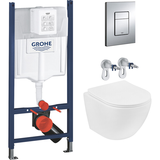 Комплект унитаз с инсталляцией 4 в 1 3884966KH523632: подвесной унитаз с сиденьем Kroner Harz WHI523632 + инсталляция Grohe Solido 3884966Q + клавиша смыва Grohe Even 38966000, фото 