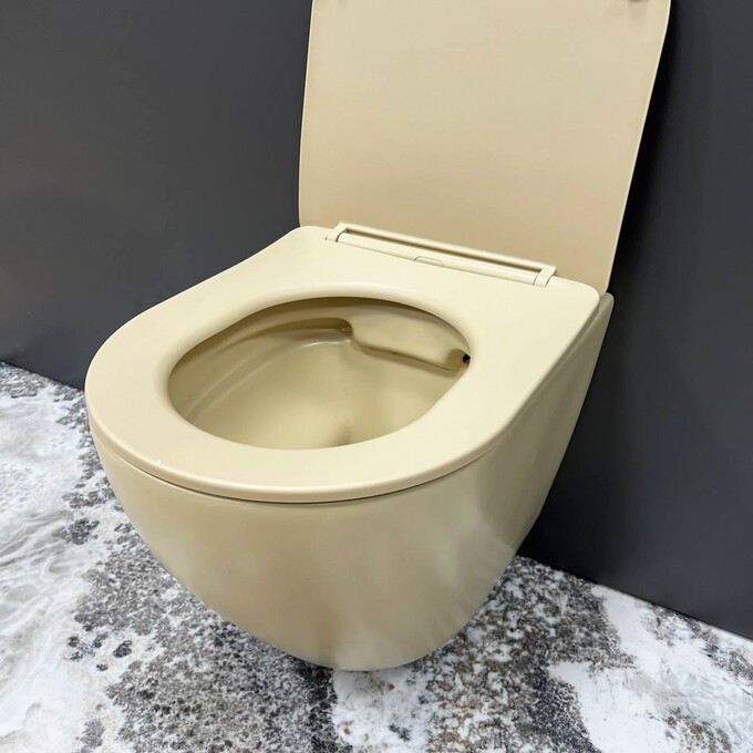 Безободковый подвесной унитаз VBI Vulcano Beige Matt VBI-020408 (бежевый матовый, с сиденьем), Цвет производителя: бежевый матовый, фото 3