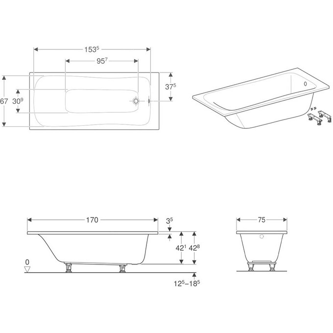 Акриловая ванна Geberit Selnova 554.285.01.1 (170x75 см, с ножками), Доступные размеры: 170 x 75, фото 2