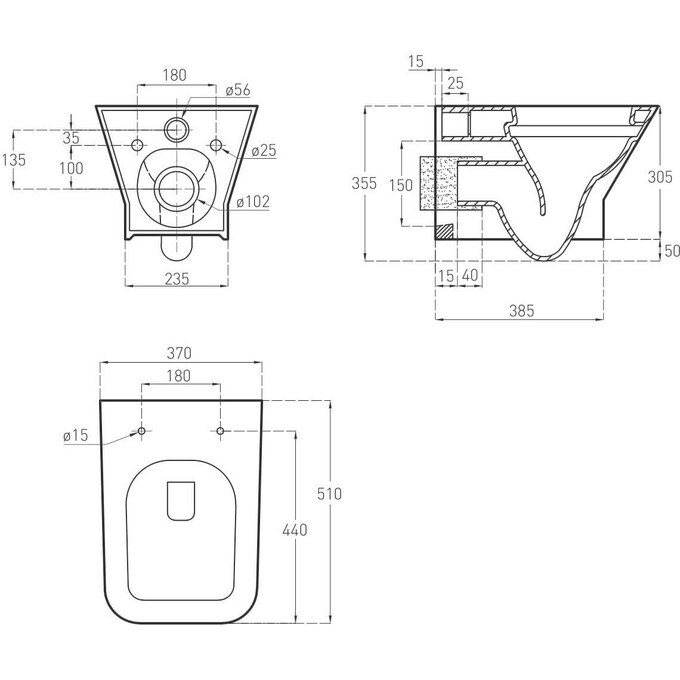 Безободковый подвесной унитаз Volle Leon 13-11-160 (с сиденьем), фото 2