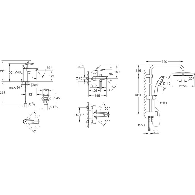 Комплект змішувачів для ванної кімнати Grohe QuickFix Start & Vitalio Start 250 Black M-Size UA303305RM (322782432+235752432+266802431, чорний матовий), фото , изображение 26