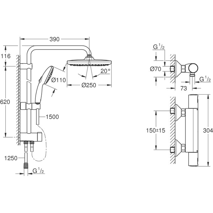 Душова система з термостатом Grohe QuickFix Precision Start & Vitalio Start 250 Black UA303908T2 (345942430+266802431, чорна матова), фото , изображение 18