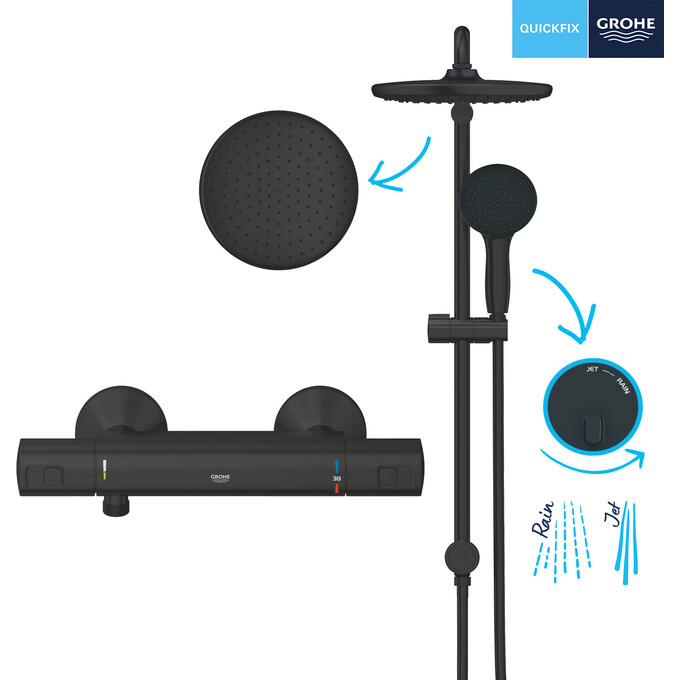 Душова система з термостатом Grohe QuickFix Precision Start & Vitalio Start 250 Black UA303908T2 (345942430+266802431, чорна матова), фото , изображение 15