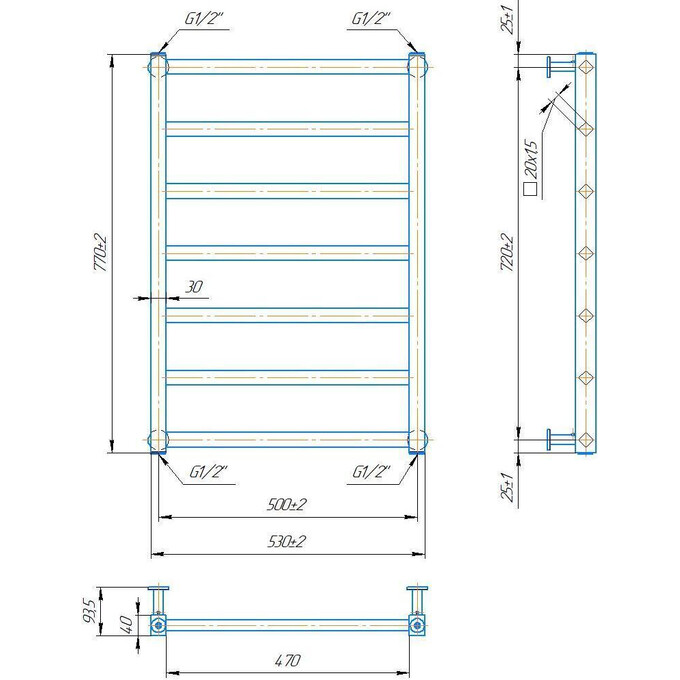 Водяной полотенцесушитель Mario Киото 1.7.043229.P (530x770, хром/сатин/белый глянец/белый мат/черный мат/графит/бронза/золото/золото сатин), фото 5