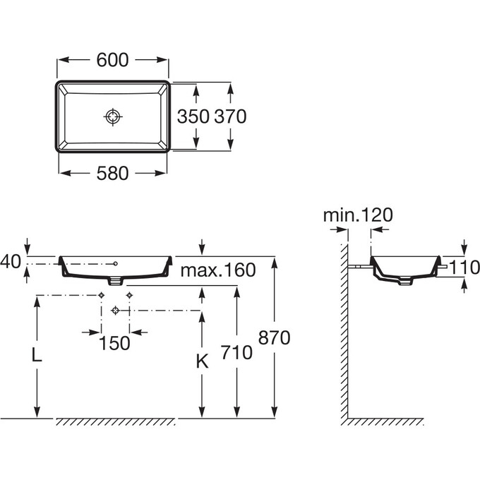 Умывальник Roca Gap Square A3270Y8000 (60x37 см), Доступные размеры: 60 x 37, фото 2