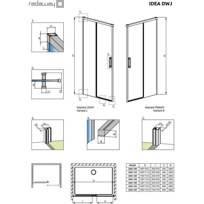 Душевая дверь Radaway Idea DWJ Black 387018-54-01L (140 см, левосторонняя, стекло прозрачное, профиль черный матовый), Доступные размеры: 140, Цвет производителя: черный матовый, Расположение проема (входа): справа, фото 9