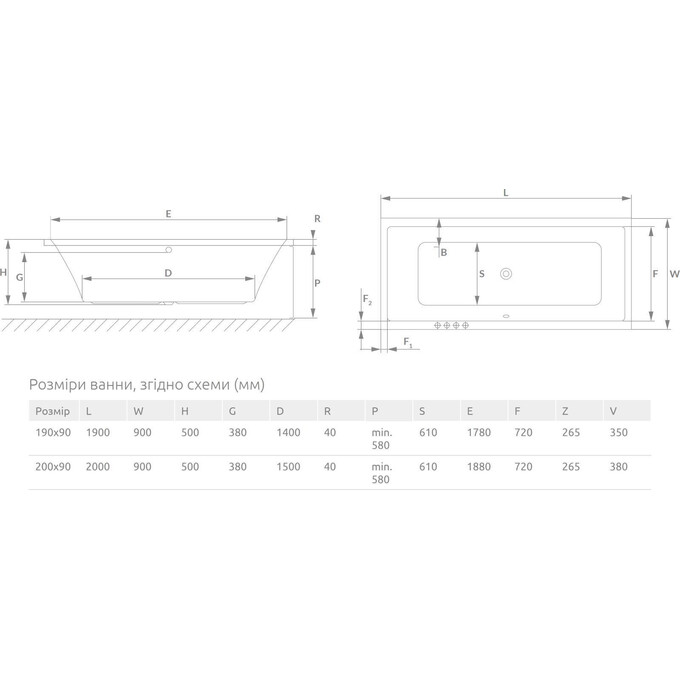 Акриловая ванна Radaway Aridea WA1-24-190x090US (190x90 см, с ножками и сифоном), Доступные размеры: 190 x 90, фото 3