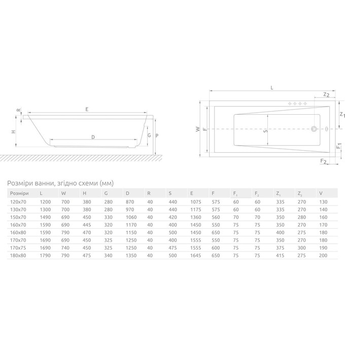Акриловая ванна Radaway Mirella WA1-48-170x070S (170x70 см, с ножками и сифоном), Доступные размеры: 170 x 70, фото 4