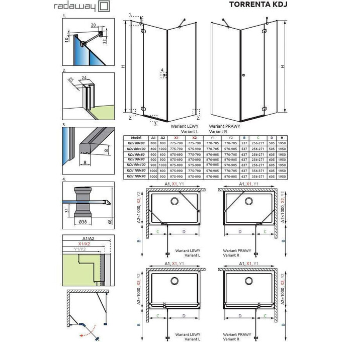 Душевая кабина Radaway Torrenta KDJ Chrome 132202-01-01R (90x90R см, правосторонняя, стекло прозрачное, петли хром), Доступные размеры: 90 x 90 R, фото 9