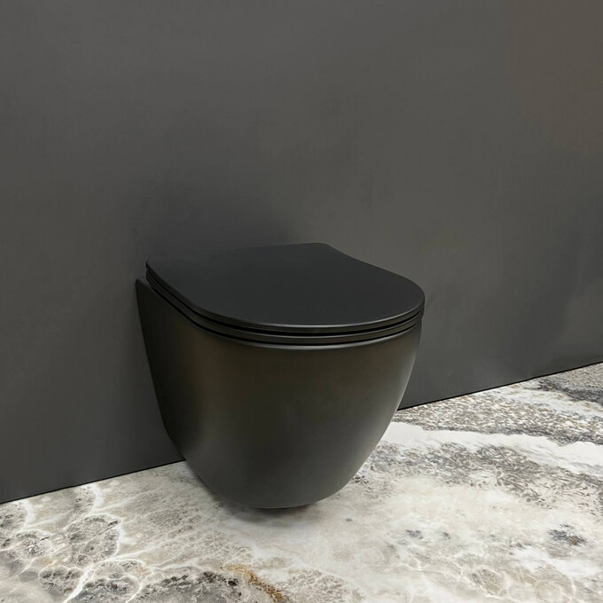 Безободковый подвесной унитаз VBI Vulcano Black Matt VBI-020412 (черный матовый, с сиденьем), Цвет производителя: черный матовый, фото 