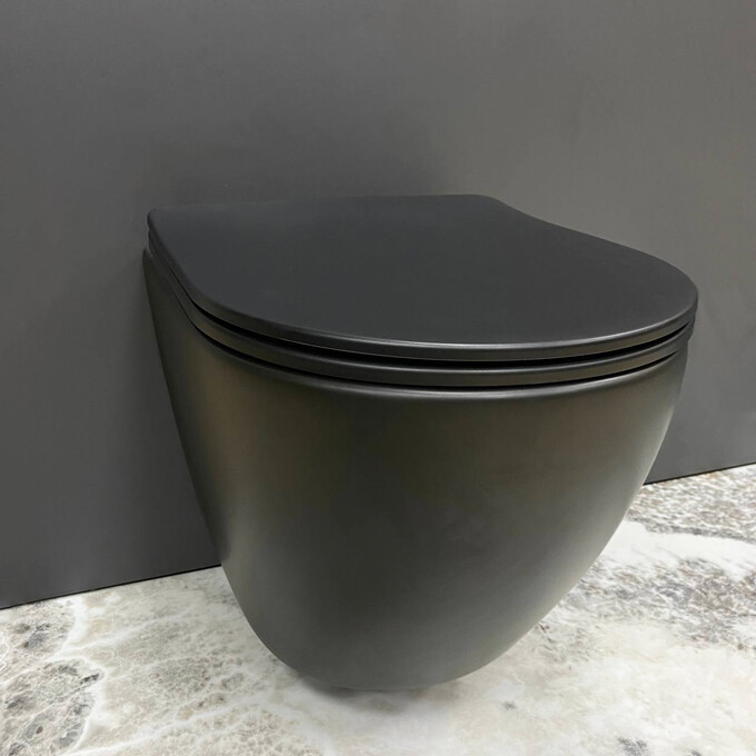 Безободковый подвесной унитаз VBI Vulcano Black Matt VBI-020412 (черный матовый, с сиденьем), Цвет производителя: черный матовый, фото 6