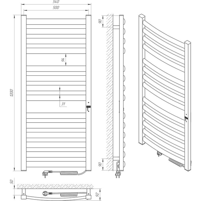 Электрический полотенцесушитель Laris Зебра Атлант Премиум ЧК14 75201082 (500x1200, белый матовый, правый), Доступные размеры: 500 x 1200, Подключение полотенцесушителя: правое, фото 6