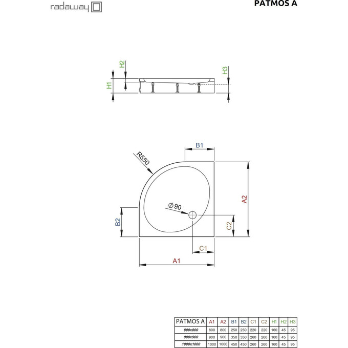 Душовий піддон Radaway Patmos A 4S11155-03 (100x100 см, з ніжками та панеллю), Доступні розміри: 100 x 100, фото , изображение 2
