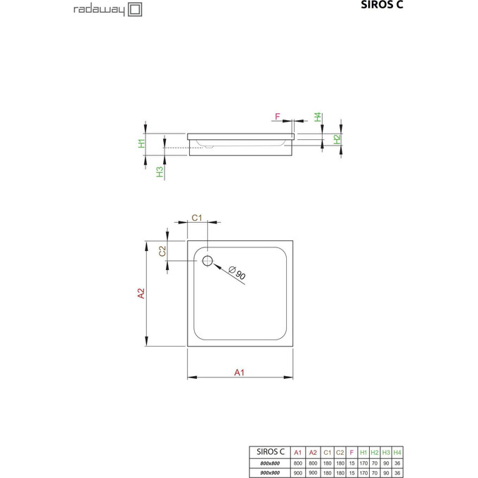 Душевой поддон Radaway Siros C SBC9917-1 (90x90 см), Доступные размеры: 90 x 90, фото 2