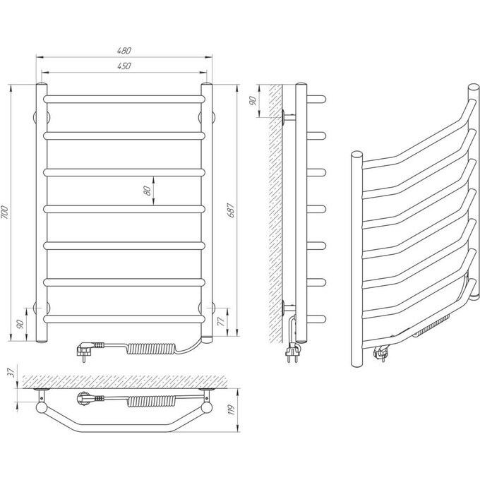 Электрический полотенцесушитель Laris Виктория П7 S3 73207823 (450x700, хром/белый/черный/золото/бронза, правый, сенсорный, с программатором), Доступные размеры: 450 x 700, Подключение полотенцесушителя: правое, фото 6