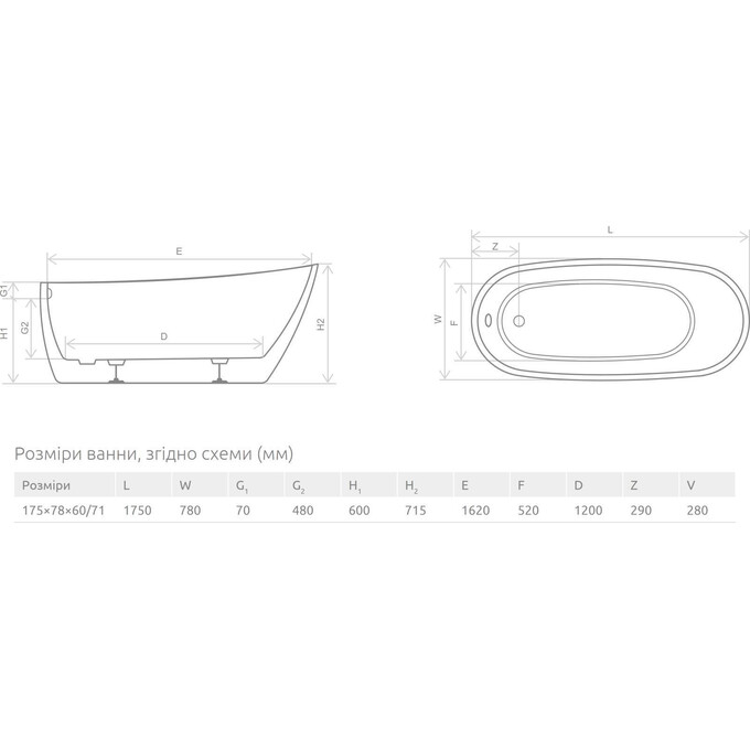 Акриловая ванна Radaway Nikia WA1-41-175X078U-B (175x78 см, отдельностоящая, с ножками и сифоном), фото 4