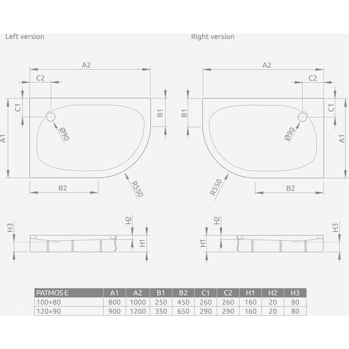Душовий піддон Radaway Patmos E 4P91217-03L (120x90 см, лівосторонній, з ніжками та панеллю), Доступні розміри: 120 x 90 L, фото , изображение 2