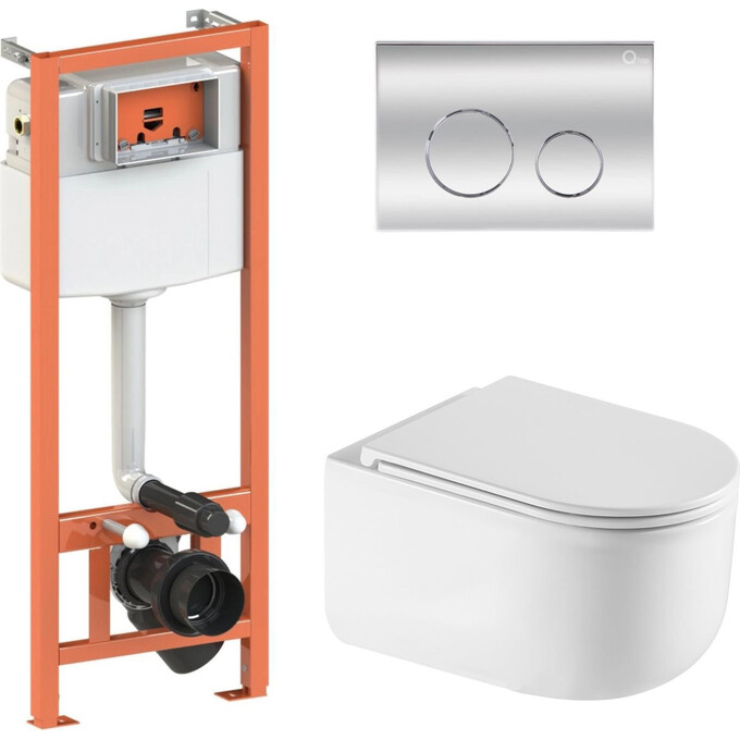 Комплект унитаз с инсталляцией 4 в 1 Qtap QT2433084EUQW46152: подвесной унитаз с сиденьем Taurus QT2433084EUQW + инсталляция Nest ST QT0133M425 + клавиша смыва Nest QT0111M11112CRM + звукоизоляционная прокладка, Цвет производителя: хром, фото 