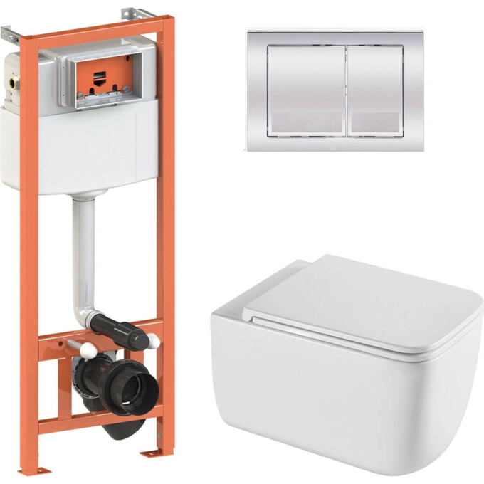 Комплект унитаз с инсталляцией 4 в 1 Qtap QT2533076EUQW46161: подвесной унитаз с сиденьем Gemini QT2533076EUQW + инсталляция Nest ST  QT0133M425 + клавиша смыва Nest QT0111M06028CRM + звукоизоляционная прокладка, фото 