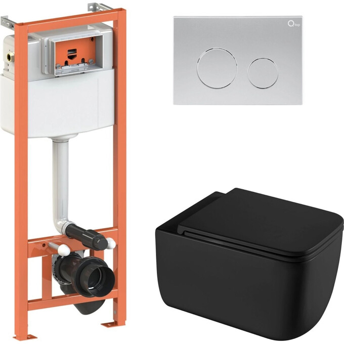Комплект унитаз с инсталляцией 4 в 1 Qtap QT2533076EUQMB46170: подвесной унитаз с сиденьем Gemini QT2533076EUQMB + инсталляция Nest ST QT0133M425 + клавиша смыва Nest QT0111M11111SAT + звукоизоляционная прокладка, Цвет производителя: сатин (хром матовый), фото 