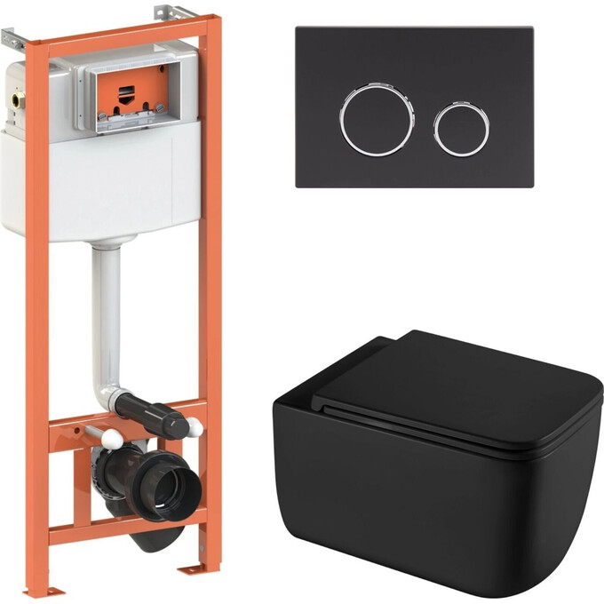 Комплект унитаз с инсталляцией 4 в 1 Qtap QT2533076EUQMB46176: подвесной унитаз с сиденьем Gemini QT2533076EUQMB + инсталляция Nest ST QT0133M425 + клавиша смыва Nest QT0111M11V1146MB + звукоизоляционная прокладка, Цвет производителя: черный матовый, фото 