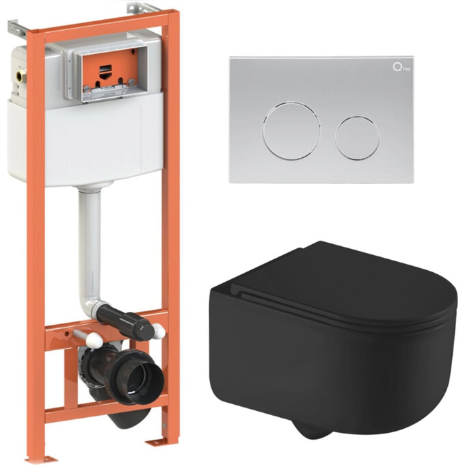 Комплект унитаз с инсталляцией 4 в 1 Qtap QT2433084EUQMB46180: подвесной унитаз с сиденьем Taurus QT2433084EUQMB + инсталляция Nest ST QT0133M425 + клавиша смыва Nest QT0111M11111SAT + звукоизоляционная прокладка, Цвет производителя: сатин (хром матовый), фото 