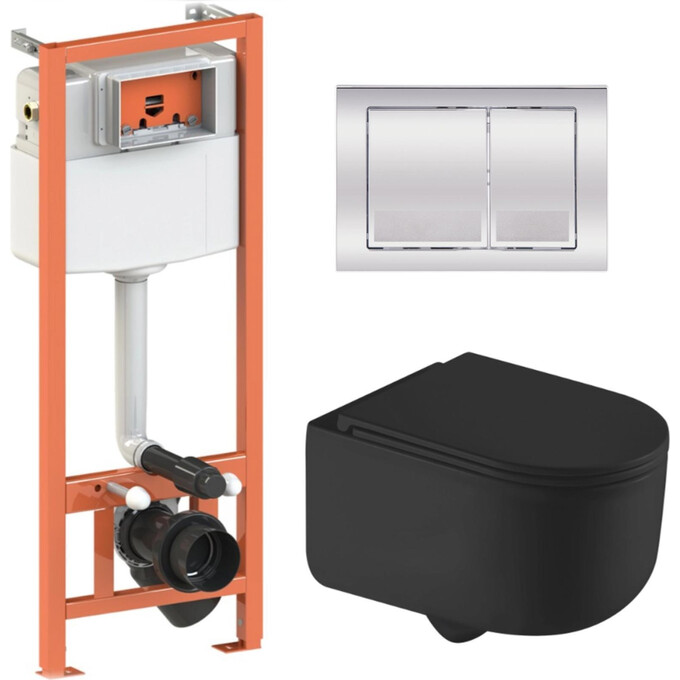 Комплект унитаз с инсталляцией 4 в 1 Qtap QT2433084EUQMB46183: подвесной унитаз с сиденьем Taurus QT2433084EUQMB + инсталляция Nest ST QT0133M425 + клавиша смыва Nest QT0111M06028CRM + звукоизоляционная прокладка, фото 