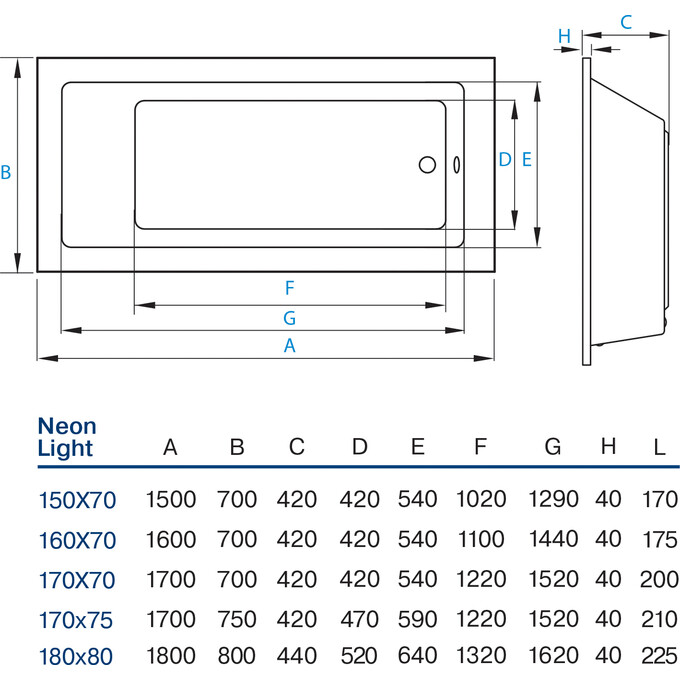 Акриловая ванна Koller Pool Neon Light NEONLIGHT160X70 (160x70 см), Доступные размеры: 160 x 70, фото 4
