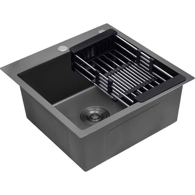 Кухонна мийка Kroner KRP Schwarze 5050HM PVD (Schwarze-5050HM, 50x50 см, 3.0/1.0 мм, з колландером та сифоном), Доступні розміри: 50x50, фото , изображение 2