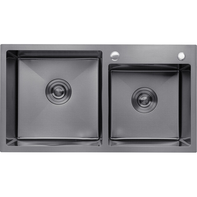 Подвійна кухонна мийка Kroner KRP Schwarze 7843ZHM PVD (Schwarze-7843ZHM, 78x43 см, 3.0/1.0 мм, з коландером та сифоном), фото 