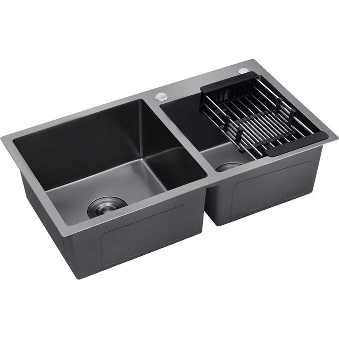 Подвійна кухонна мийка Kroner KRP Schwarze 7843ZHM PVD (Schwarze-7843ZHM, 78x43 см, 3.0/1.0 мм, з коландером та сифоном), фото , изображение 3