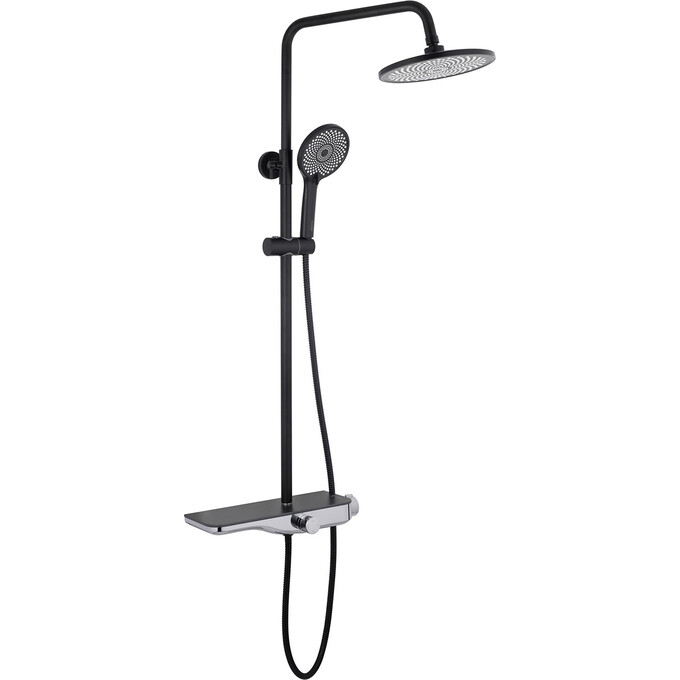 Душевая система Kroner KRP Armada SCH065 (Armada-SCH065, черный/хром, с полкой и каскадный изливом), Цвет производителя: черный матовый, хром, фото 