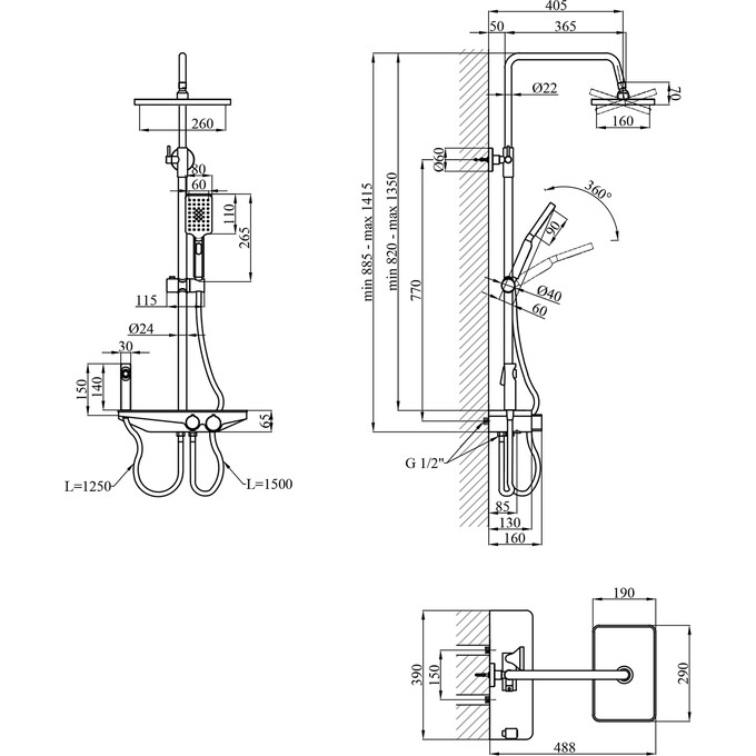 Душевая система Kroner KRP Armada GRP066 (Armada-GRP066, графит, с полкой, каскадным изливом и гигиеническим душем), Цвет производителя: графит, фото 17