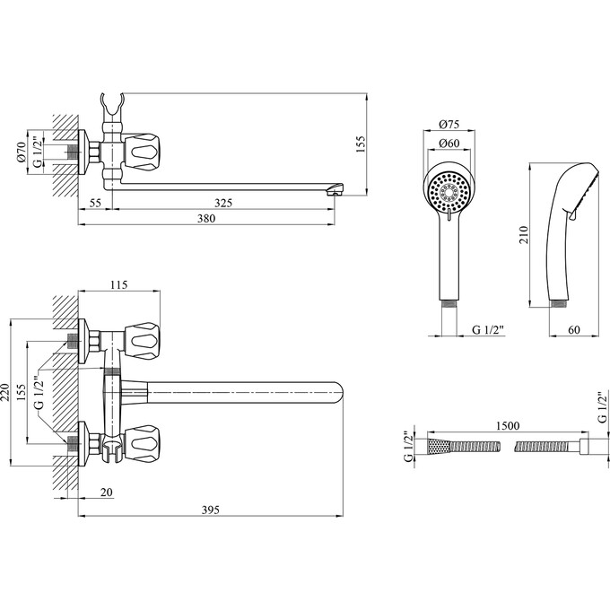 Змішувач для ванни Kroner KRP Hamburg C070 (з лійкою та шлангом), фото , изображение 8