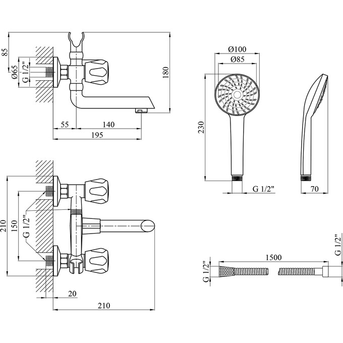 Змішувач для ванни Kroner KRP Hamburg C060 (з лійкою та шлангом), фото , изображение 8