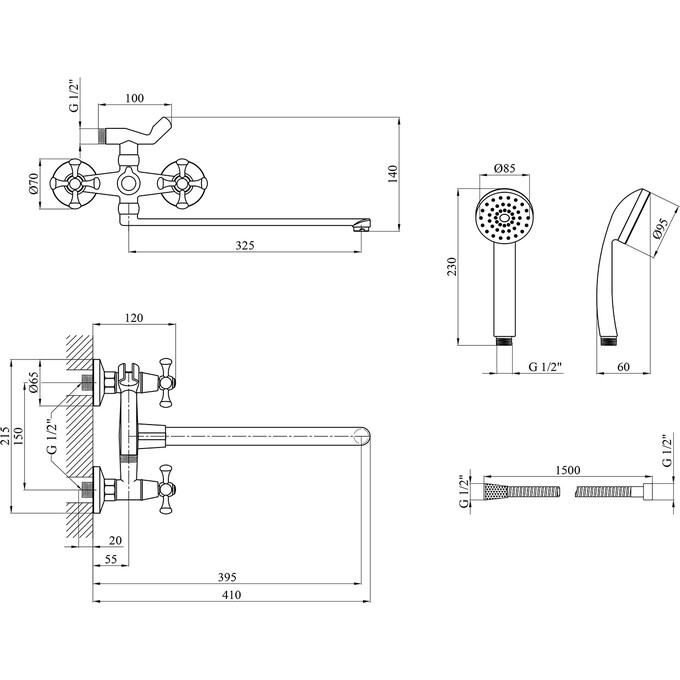 Змішувач для ванни Kroner KRP Rhein C070 (з лійкою та шлангом), фото , изображение 8