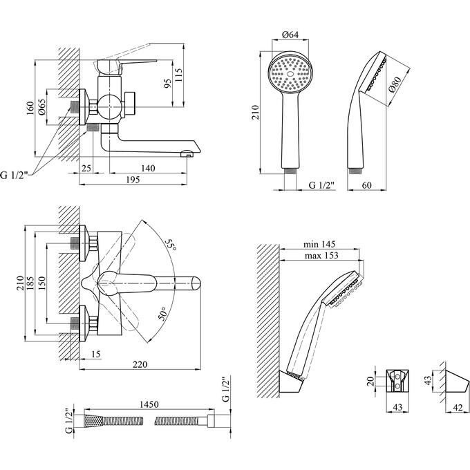 Змішувач для ванни Kroner KRP Elbe N060 (нікель, з лійкою та шлангом), Колір виробника: нікель, фото , изображение 8