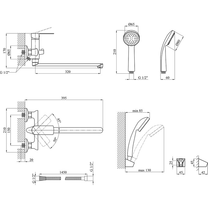 Змішувач для ванни Kroner KRP Fulda W070 (білий матовий, з лійкою та шлангом), фото , изображение 9