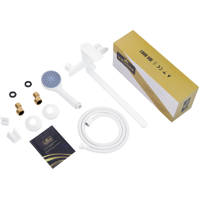 Змішувач для ванни Kroner KRP Fulda W070 (білий матовий, з лійкою та шлангом), фото , изображение 8